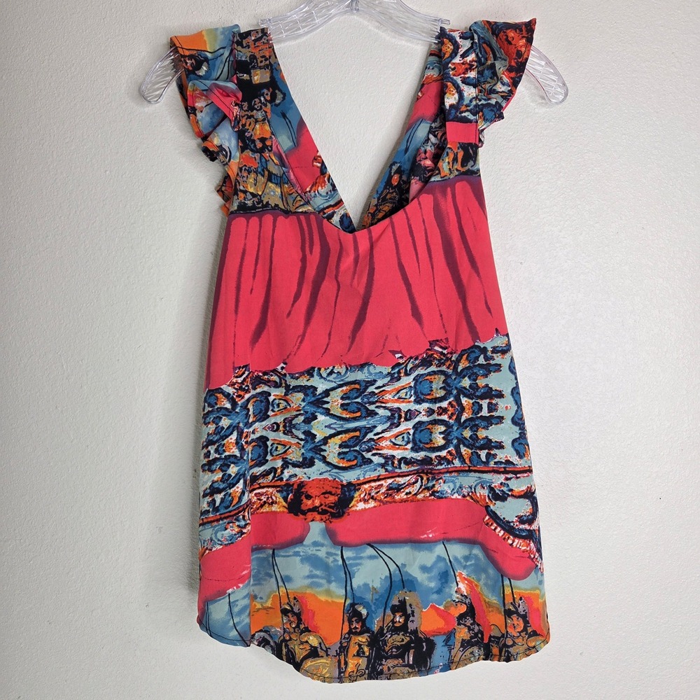 AQUARELLA‎ Top Small Red Ruffle Sleeve Abstract Warriors Art to Wear